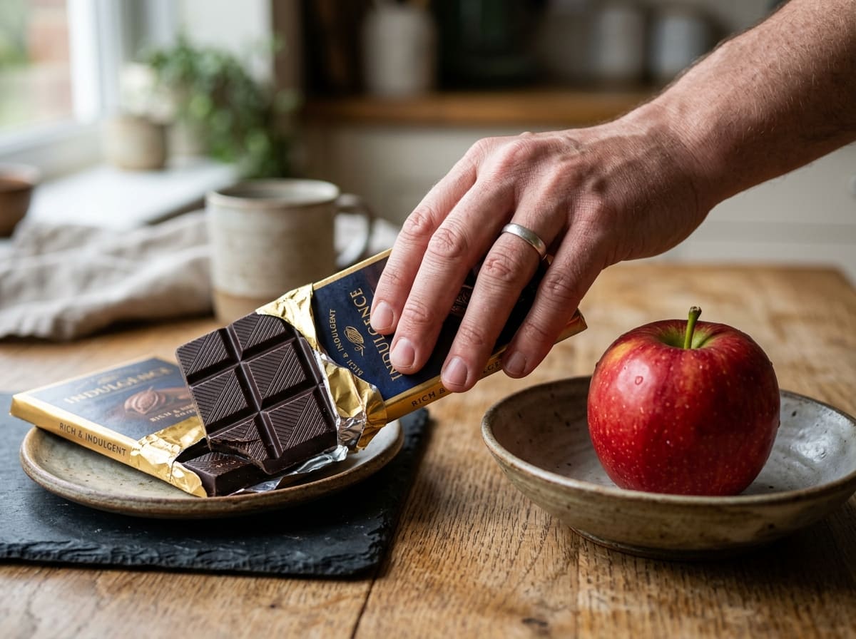 Eine Tafel Schokolade und ein Apfel.